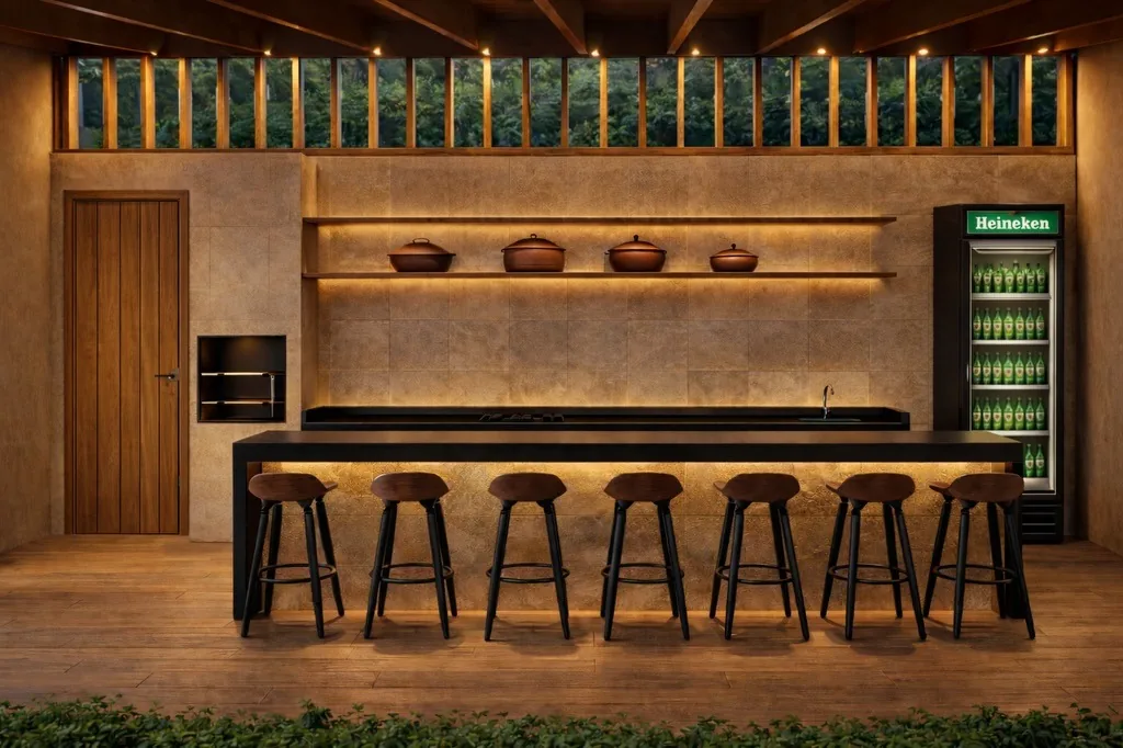 Projeto de área gourmet com iluminação aconchegante e vista para a natureza